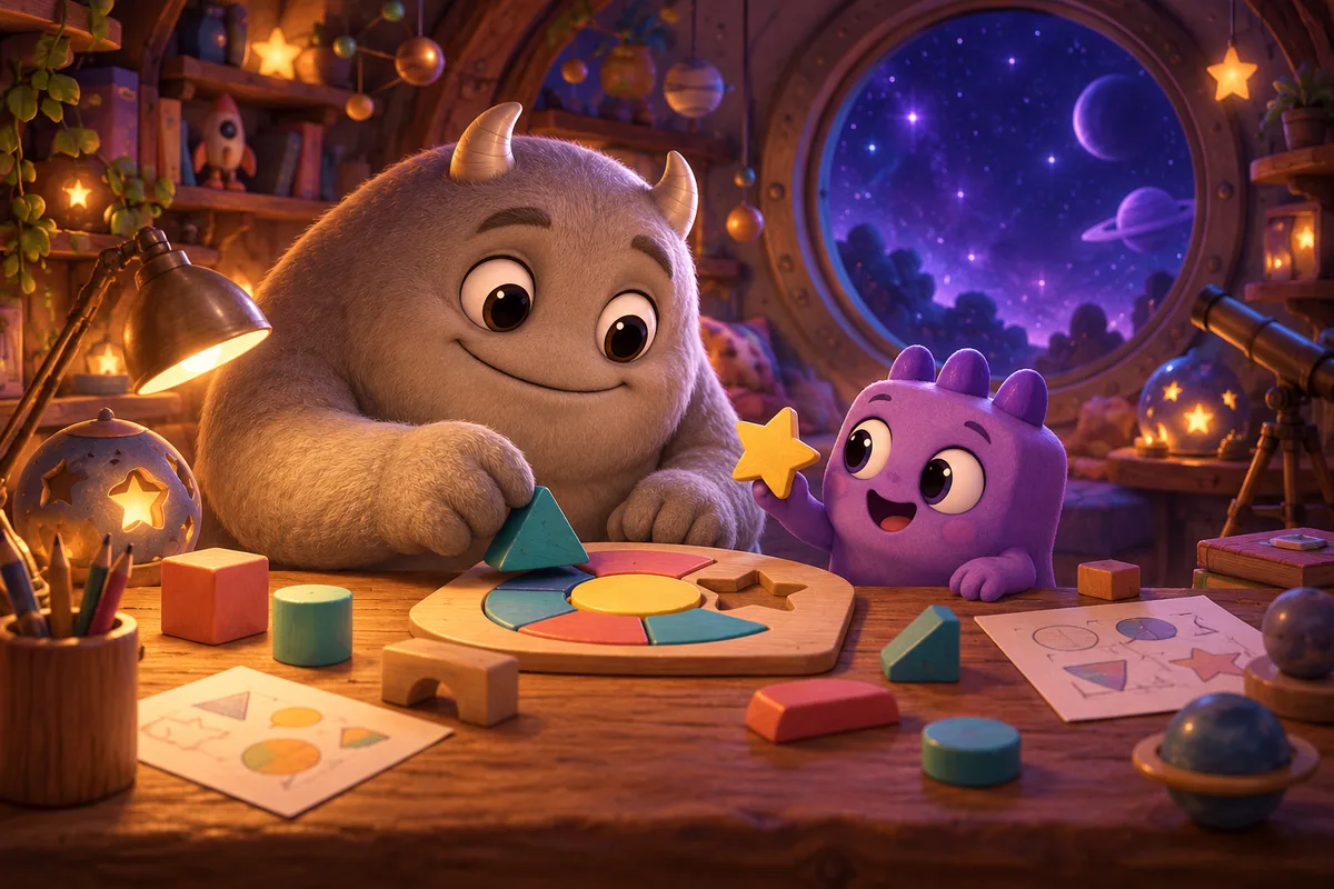 Un grand compagnon gris et un petit compagnon violet imaginent un jeu ensemble dans un atelier chaleureux.